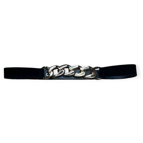 ASOS Women's Black Faux Suede Silver Gold Chain Detail Waist Belt OS NWOT - Picture 1 of 3